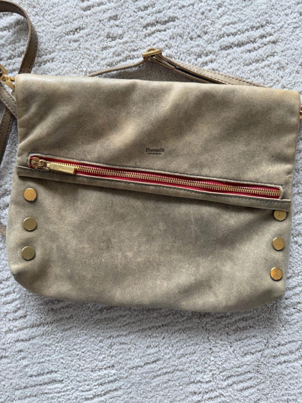 Hammitt Suede Crossbody Bag in Taupe with Gold Hardware